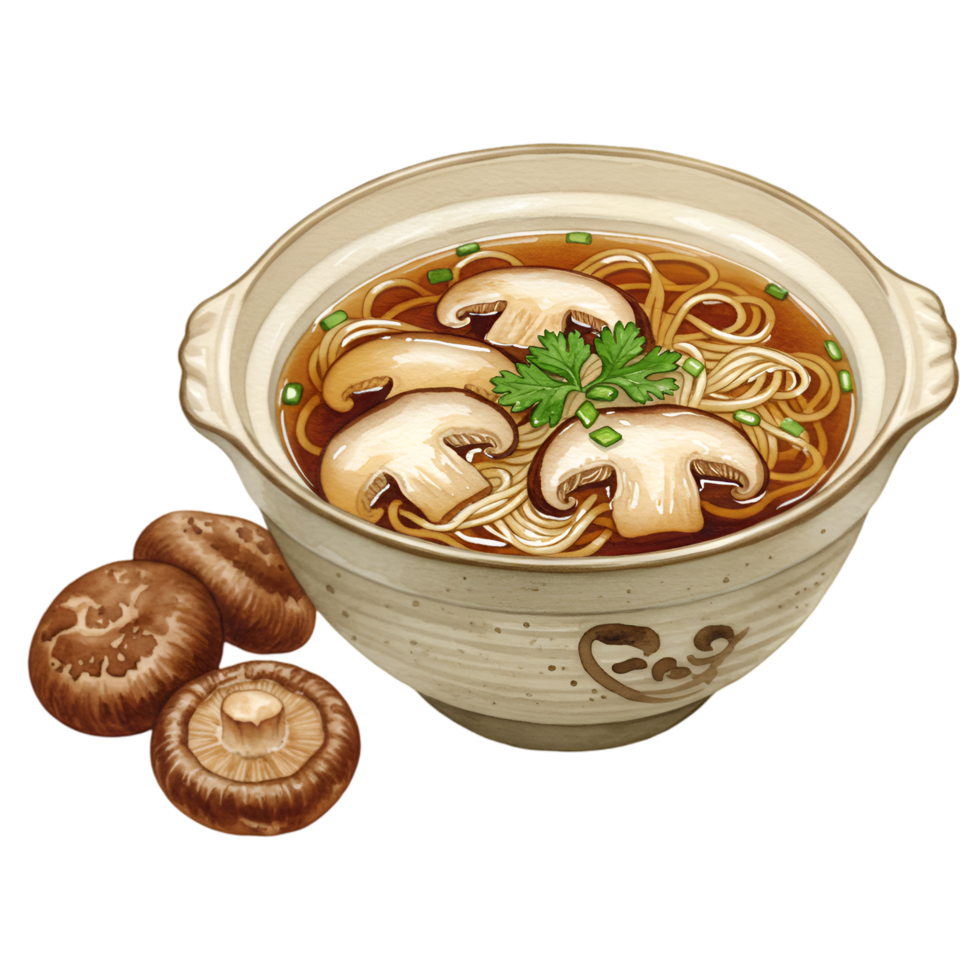 A watercolor bowl of noodle soup with mushrooms and parsley garnish sitting next to three whole mushrooms on transparent background png