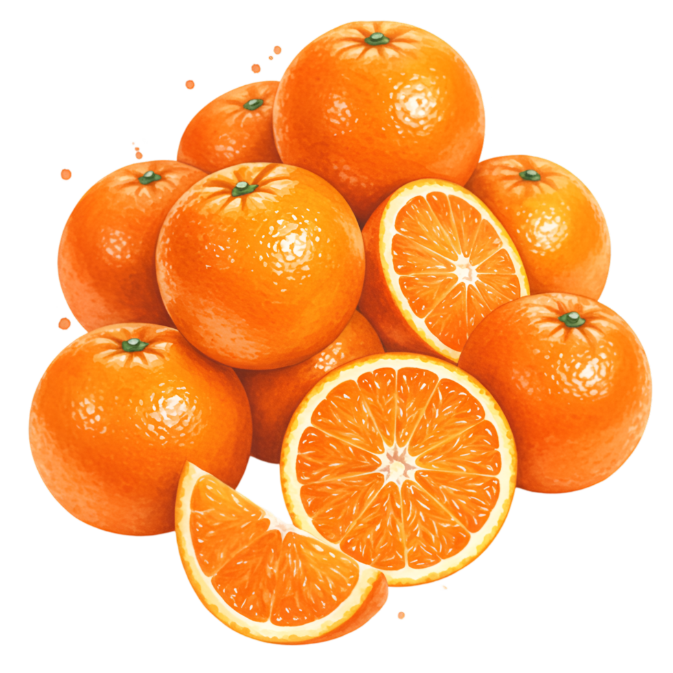 A vibrant stack of oranges with slices revealing the juicy interior on a simple transparent space on transparent background png