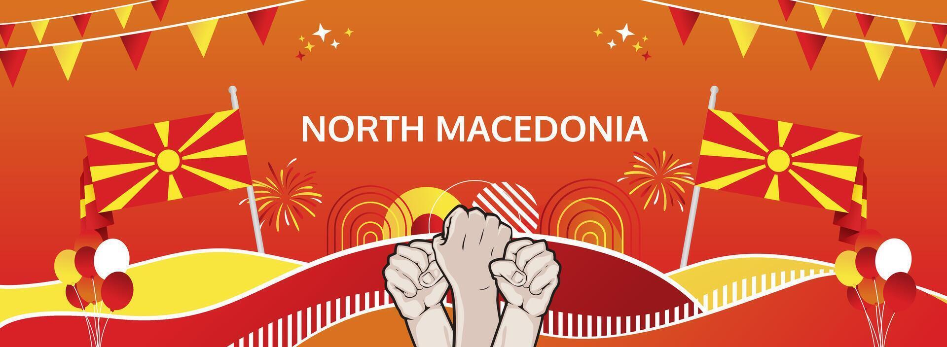 North Macedonia lively banner. Happy National Day. Festive templates in flag colors, great for events, posters, tourism, and holiday sale promotions. vector