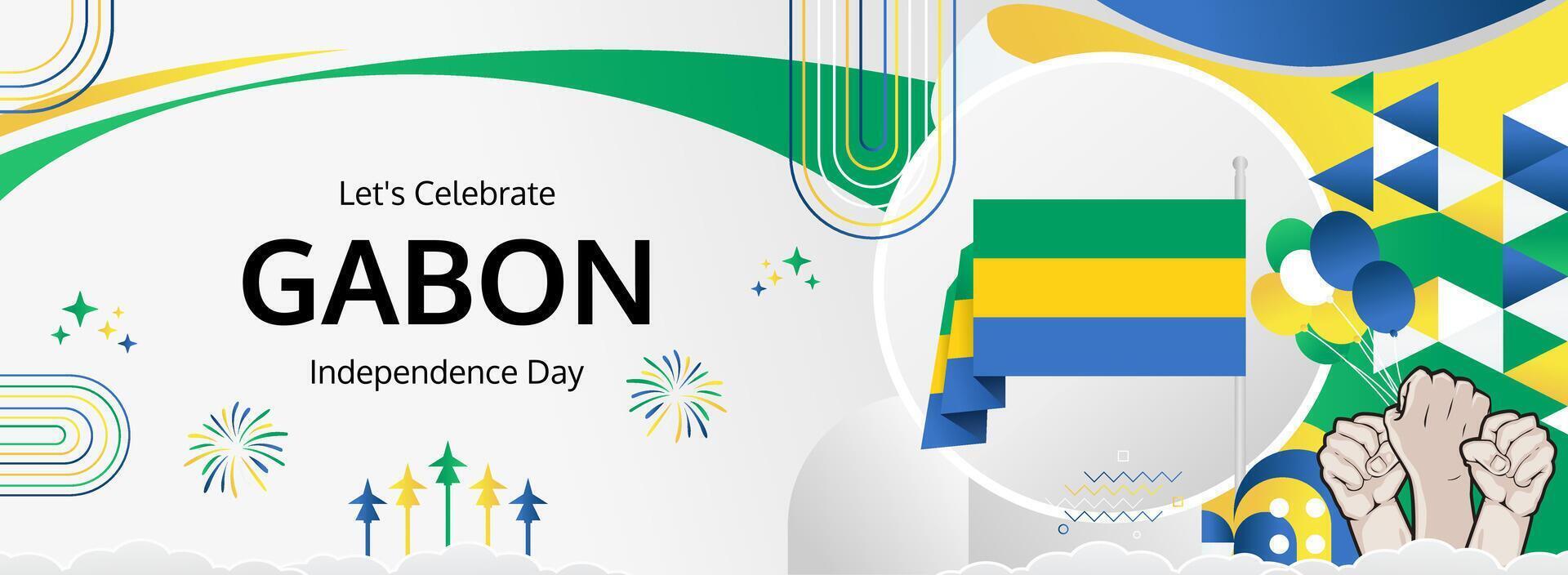 Gabon Independence Day vibrant banner. 17 August Happy National Day. Festive templates in flag colors, perfect for events, posters, tourism, and holiday sales. vector
