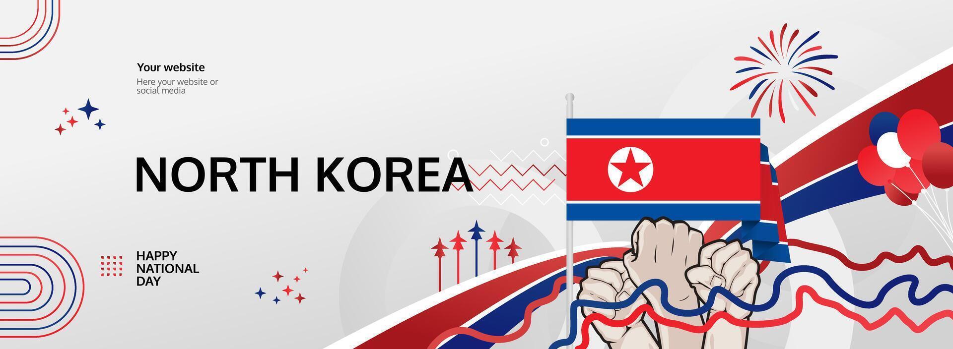 North Korea National Day lively greeting banner. Happy Founding Day. Colorful templates in flag hues, perfect for events, posters, and tourism campaigns. vector