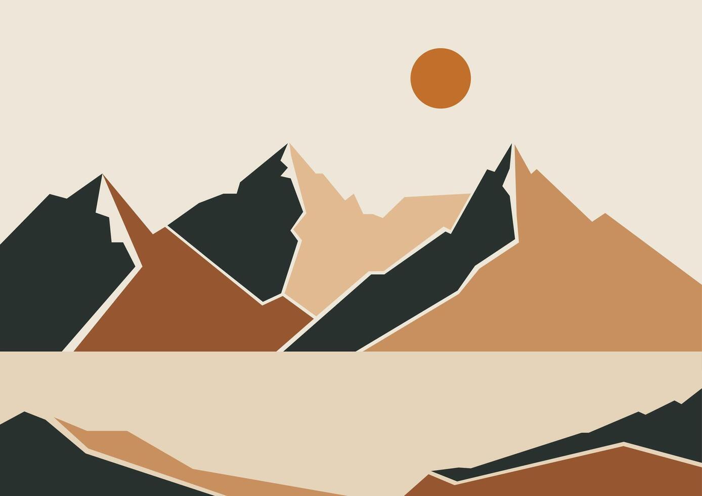 Seaside and mountains landscape illustration poster. Minimalistic pastel colored terracotta art vector