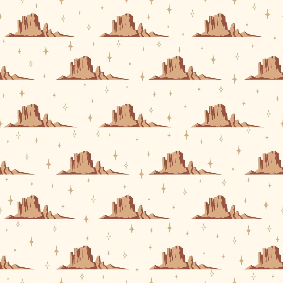 Arizona Desert seamless pattern. Landscape with mountains, starry sky hand drawn ornate illustration vector