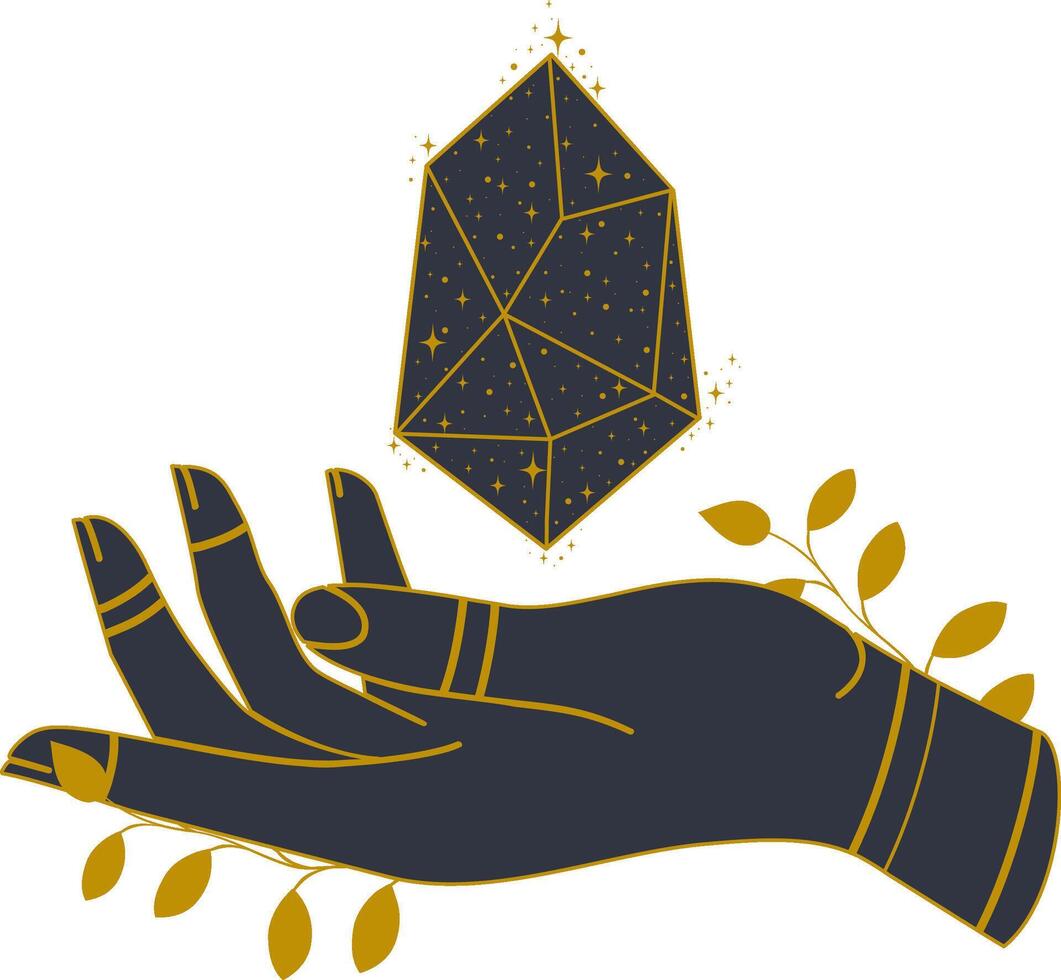 Hand with crystals illustration. witchcraft decoration design icon. Mystical drawing vector