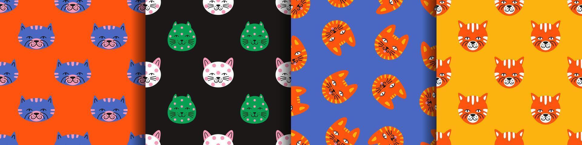 Playful seamless pattern set with colorful cartoon cat heads. Collection of funny kitten faces in flat style perfect for fabrics wallpaper and kids decor. Socks and other textile design. vector