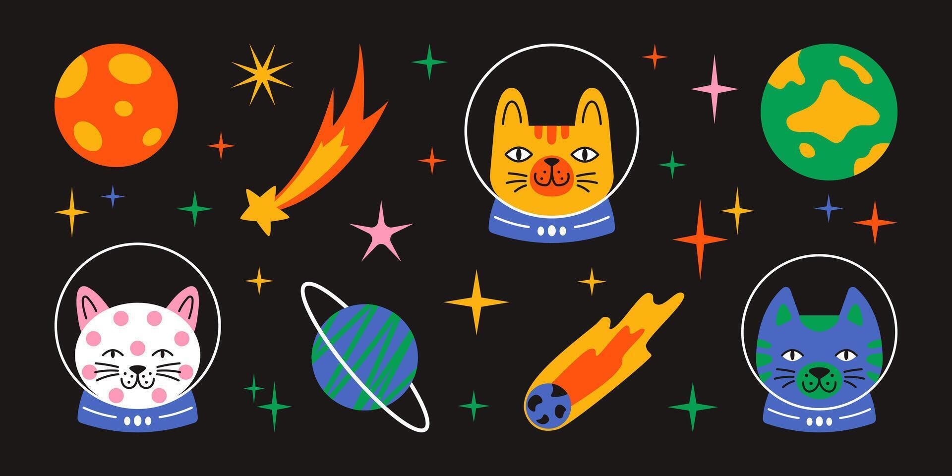 Cute modern kitten astronauts in space suits. Colorful trendy cats with planets and stars. Playful sticker set in flat cartoon style. Space theme. vector