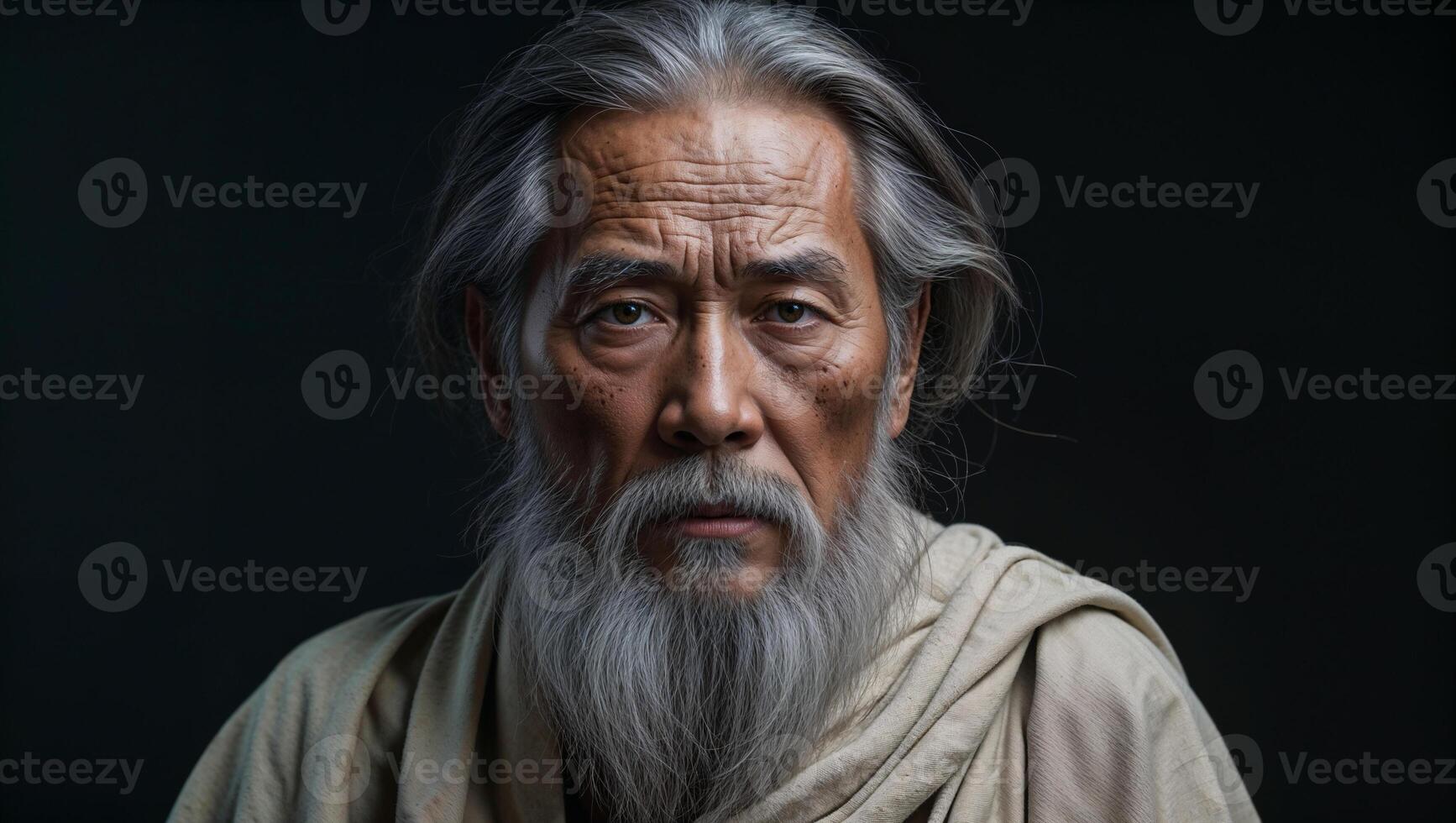 Portrait of assian senior monk wearing traditional robe showing serenity and wisdom photo