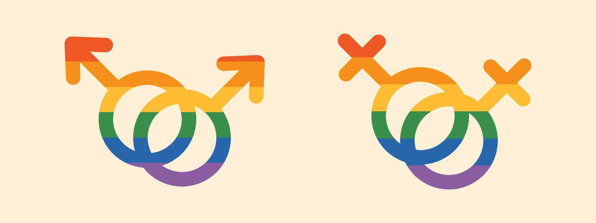 Colorful illustration set of interlocking gender female and male symbols with rainbow design. LGBTQ gay pride and gender diversity collection. LGBT unity and inclusivity. Mars and venus signs. vector