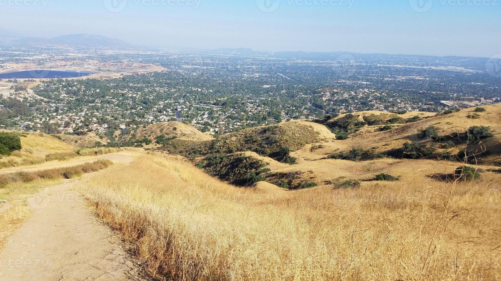 Hiking Trail Overlook with Golden Fields at O'Melveny Park in Los Angeles, CA photo