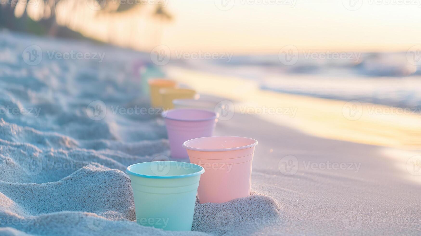 Colorful plastic cups on the beach at sunset photo