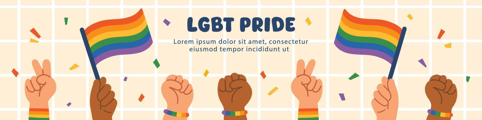 LGBT pride month banner. People holding lgbtq rainbow flags. Gay pride parade celebration. Human rights. LGBTQ flat Illustration representing LGBTQ gay pride and gender diversity banner. vector