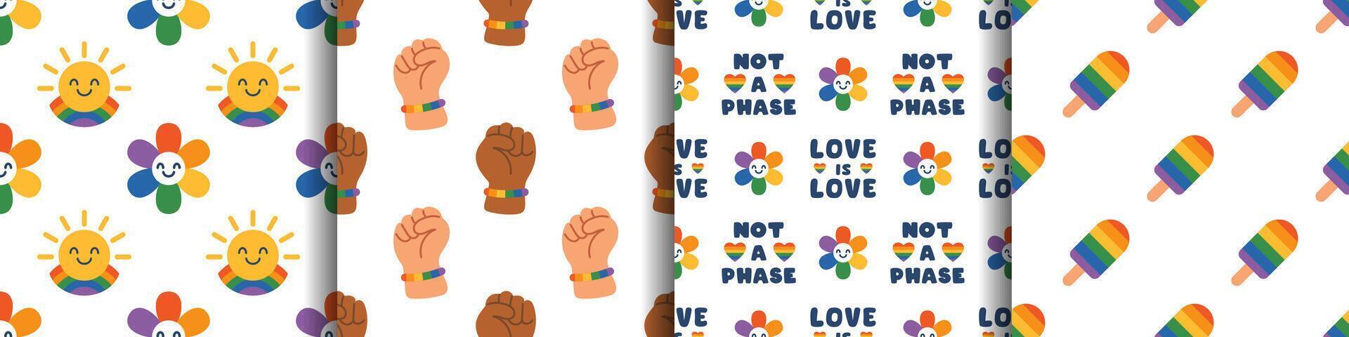 playful rainbow seamless patterns collection. Vibrant LGBTQ pride designs with cute, colorful elements on white backgrounds. Perfect for Pride Month, happy, trendy, and expressive prints. vector
