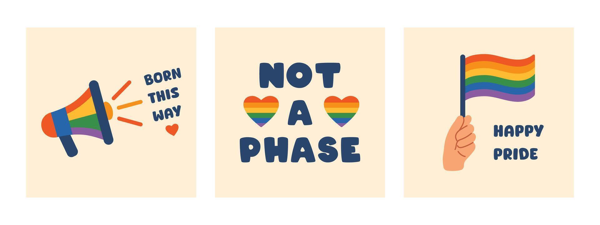 set of LGBTQ posters with text and illustrations. LGBT gay pride celebration greeting card collection. Not a phase, happy pride, born this way. Acceptance and identity in the LGBTQ community. vector