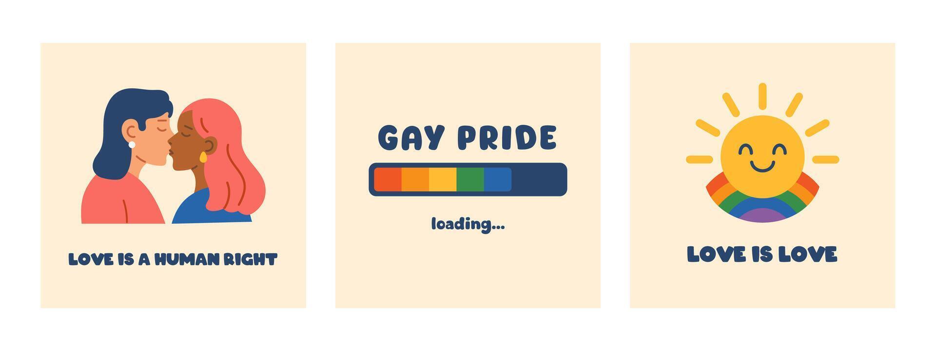 set of LGBTQ posters with text and illustrations. LGBT gay pride celebration greeting card collection symbolizing inclusivity and peace. Acceptance and identity in the LGBTQ community. vector