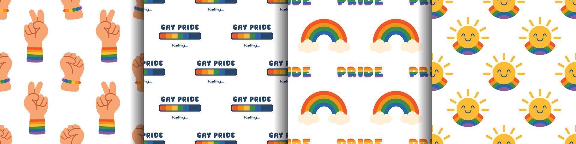 Collection of cute seamless patterns with bold rainbow elements. Fun, modern designs for Pride Month, LGBTQ merch, and trendy backgrounds. Colorful, inclusive. Support LGBT community. vector