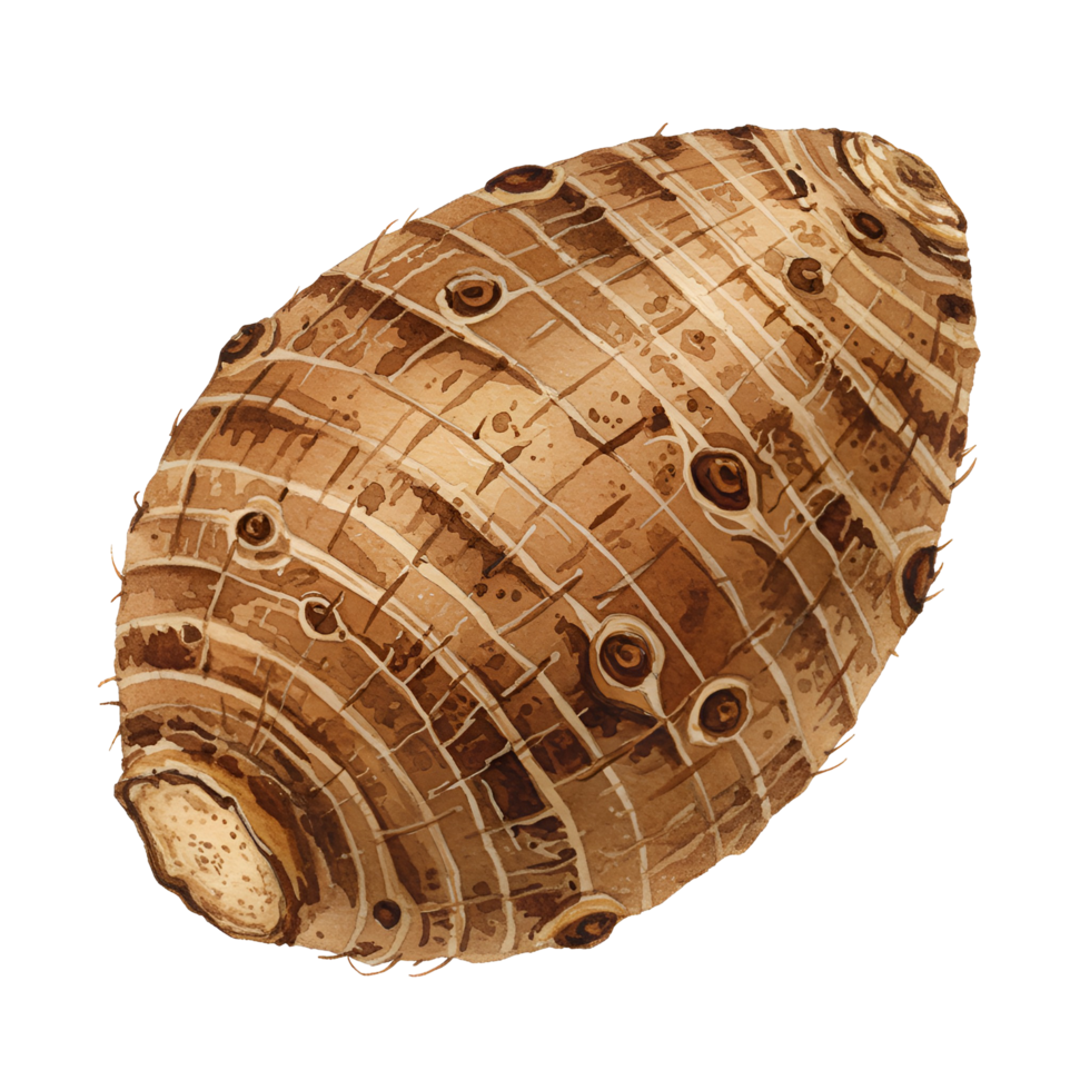 A watercolor detailed close up of a taro root vegetable with brown skin and textured surface in an oval shape on transparent background png