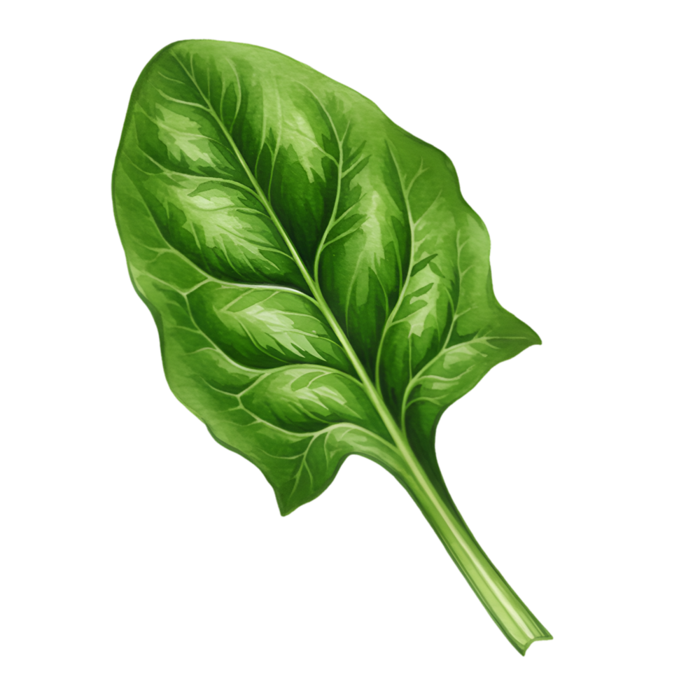 A watercolor single vibrant green spinach leaf with detailed veins on a plain simple background design view image on transparent background png