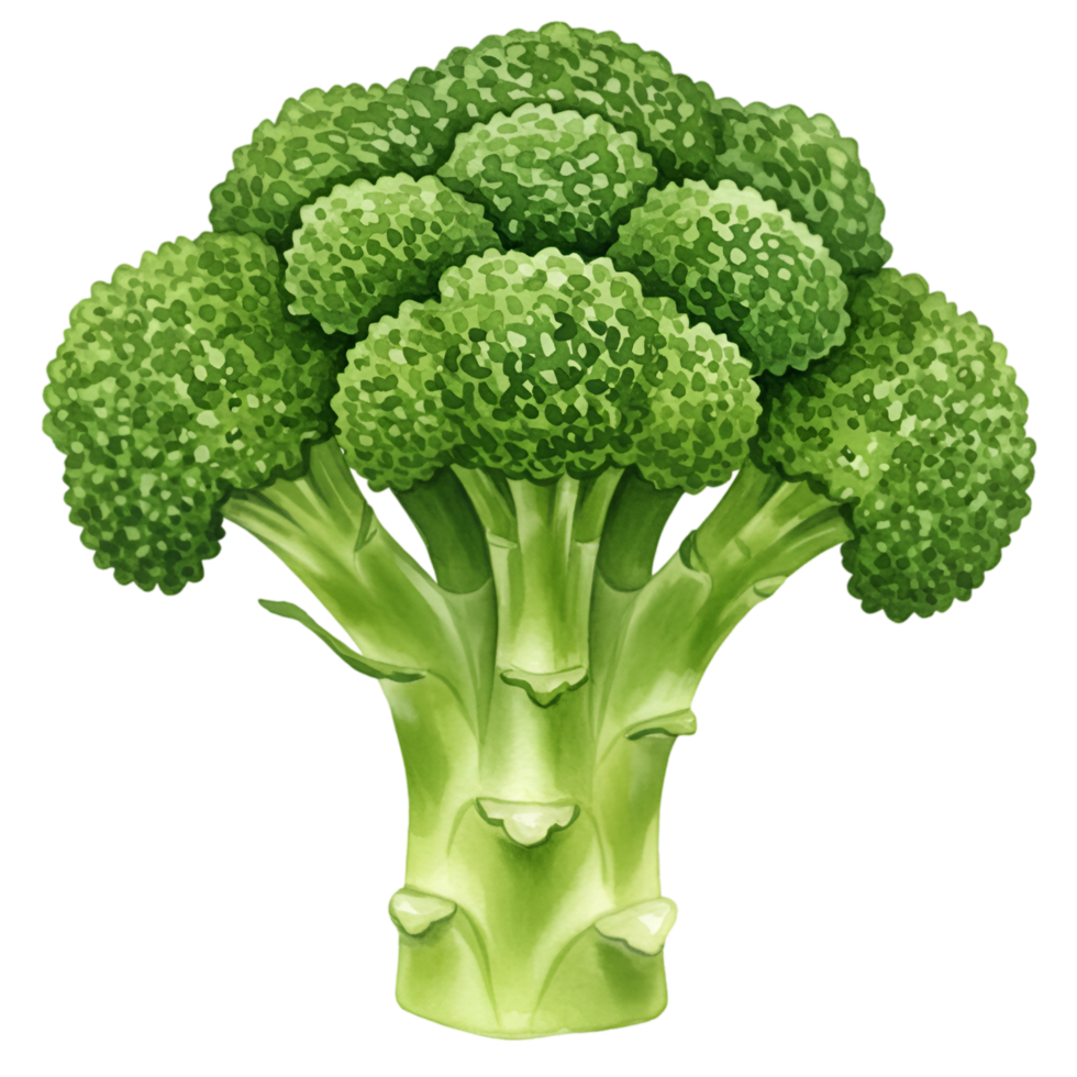 A watercolor single head of broccoli with a green color and a white color on a transparent area view image on transparent background png