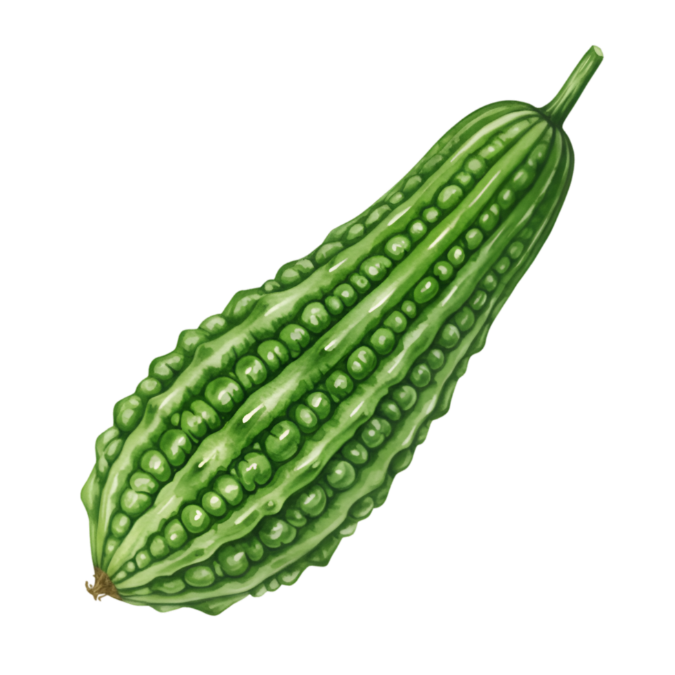 A watercolor single bitter melon with a bumpy surface and ridges on a plain background is prominently displayed on transparent background png
