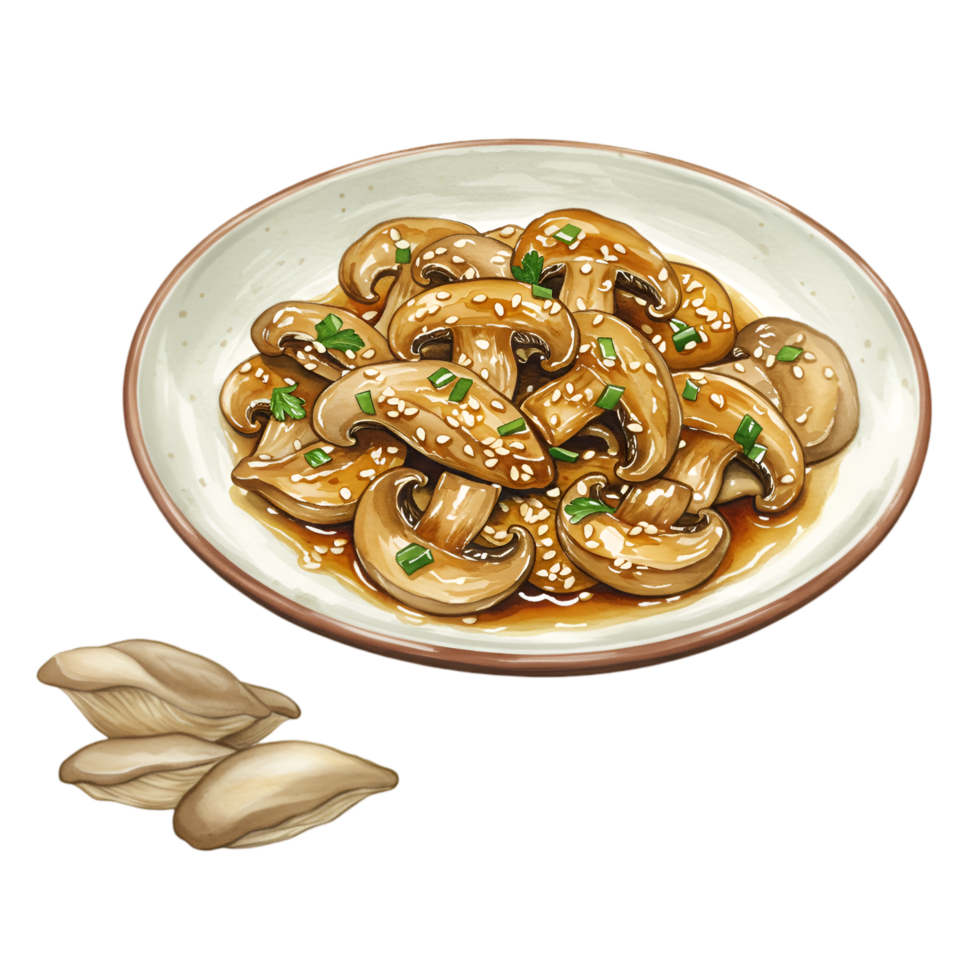 A watercolor plate of cooked mushrooms with sesame seeds and green onions served with oyster mushrooms aside on transparent background png