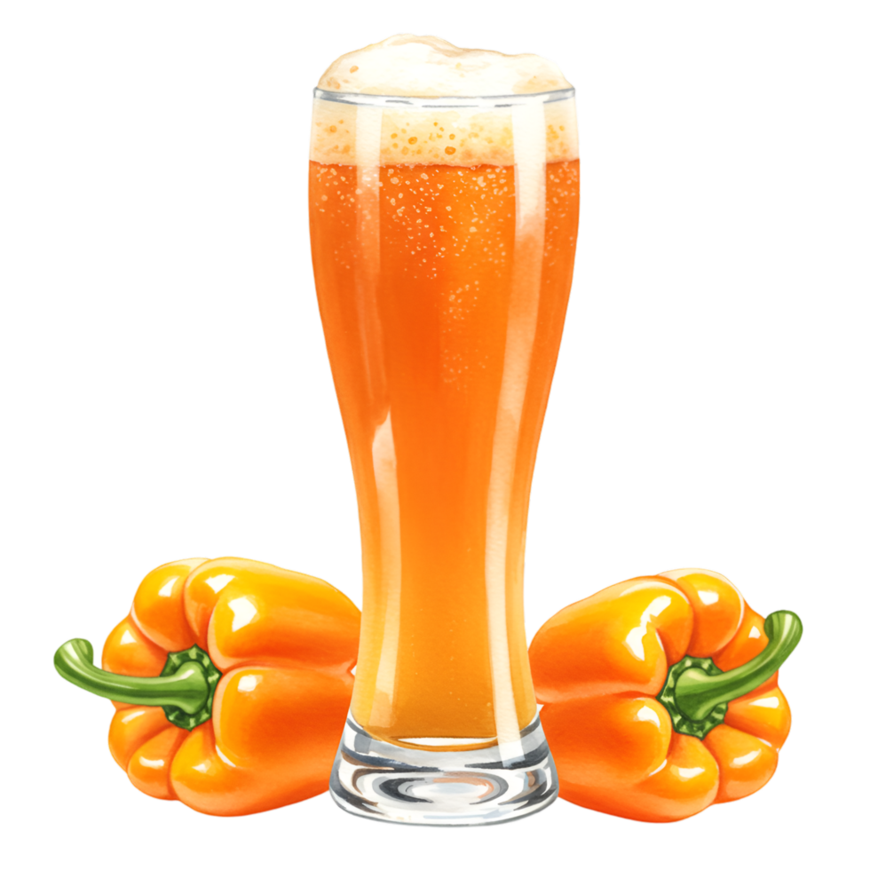 A watercolor all glass of orange liquid with foam and two orange peppers on an isolated plain setting on transparent background png