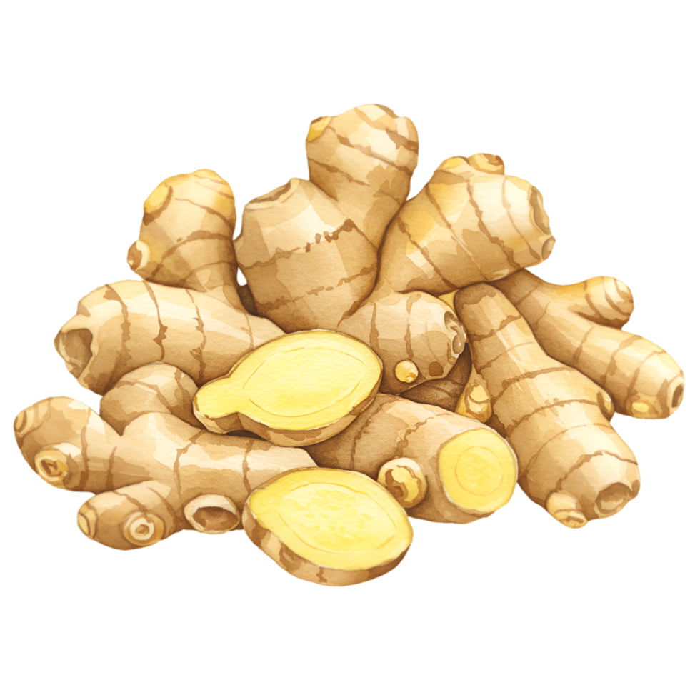 A watercolor pile of fresh ginger roots with a few sliced pieces on a plain presentation surface view from above on transparent background png