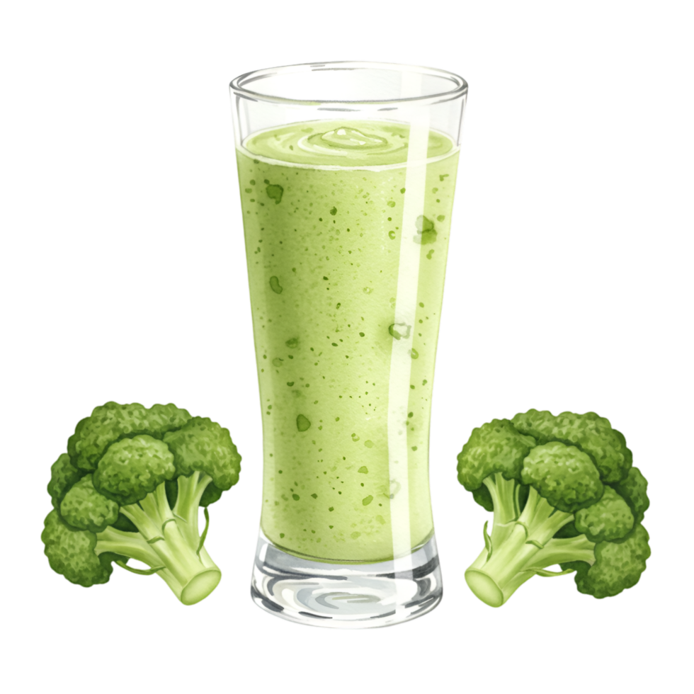 A watercolor glass filled with green smoothie and two broccoli florets on an isolated simple background view on transparent background png