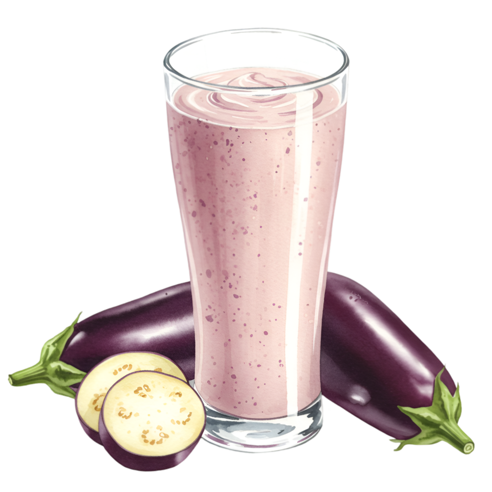 A watercolor tall glass of purple smoothie with eggplant slices and whole eggplant on a plain surface view on transparent background png