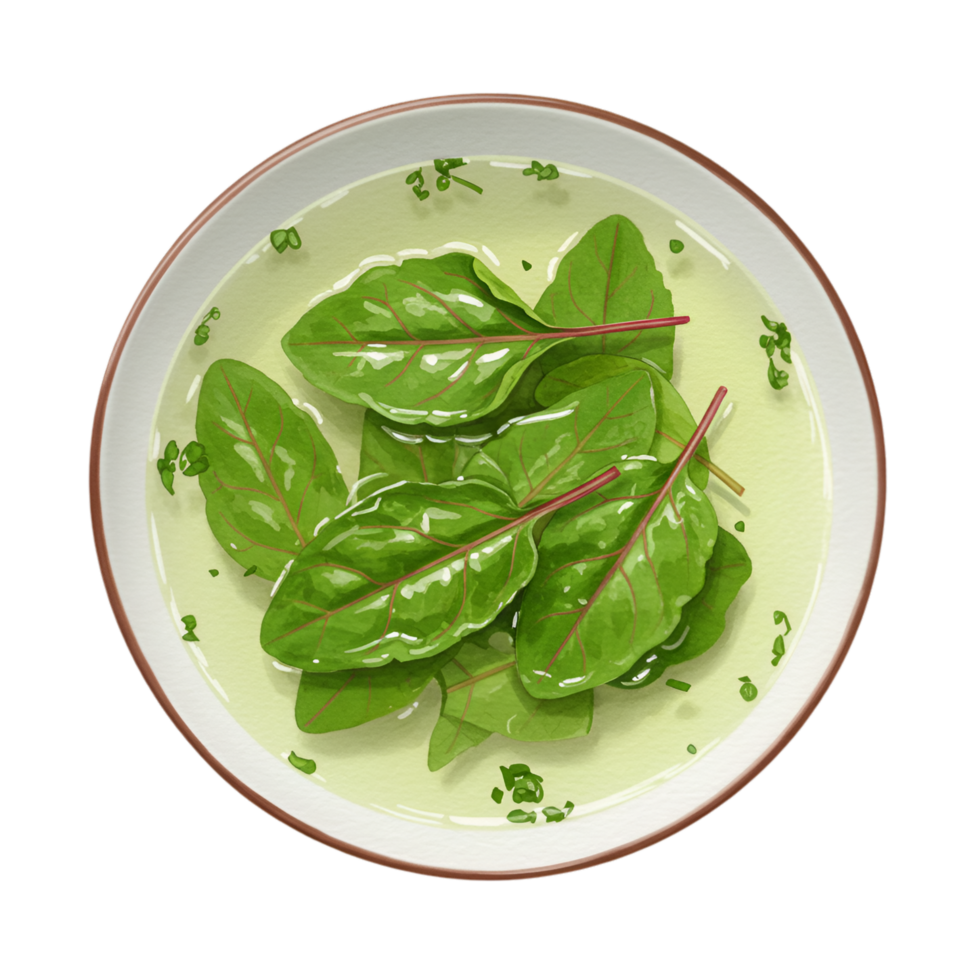 watercolor Aerial view of a white bowl filled with green leaves and a light green broth like liquid substance on transparent background png