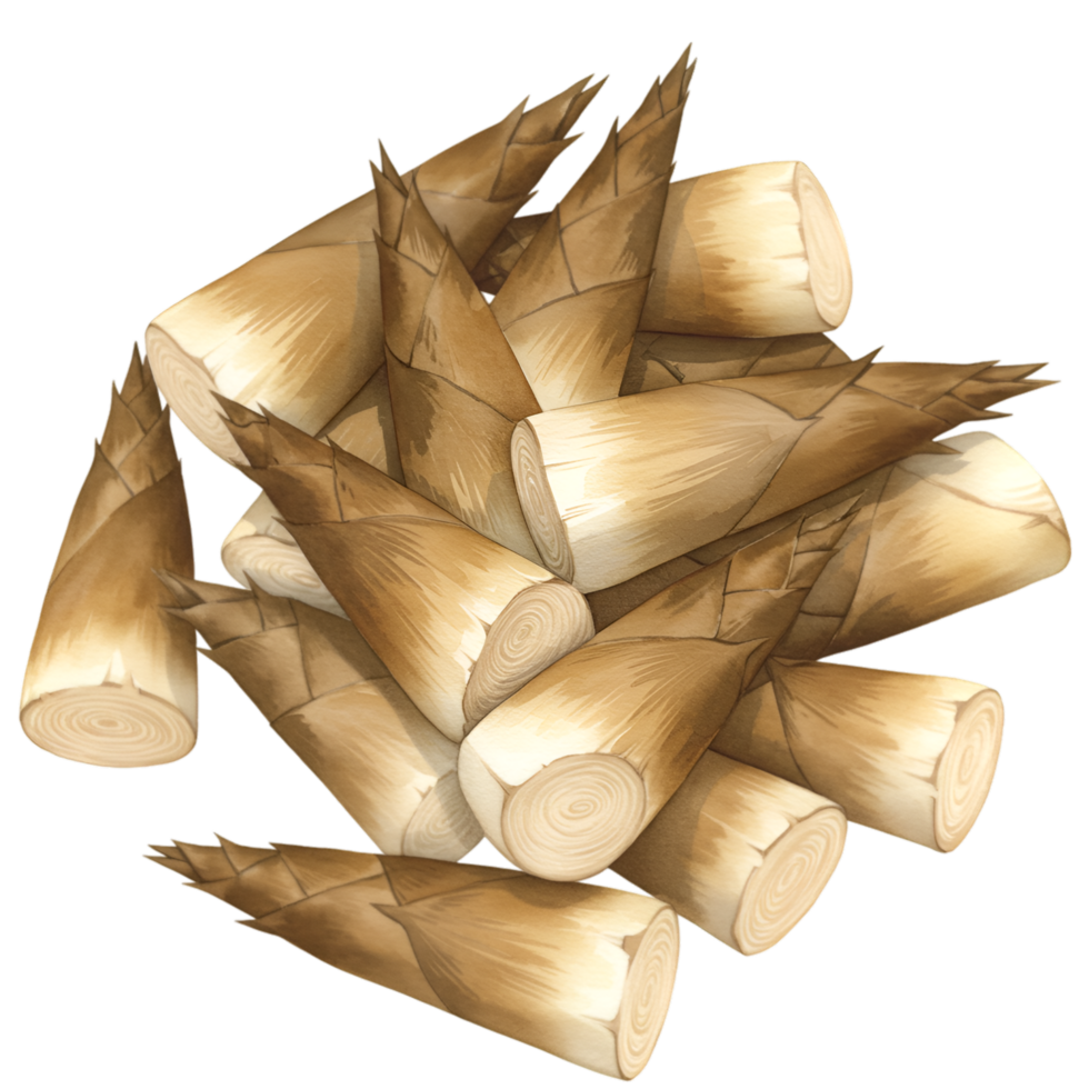 A watercolor pile of fresh bamboo shoots with pointed tips and cylindrical bases arranged together in a heap view on transparent background png