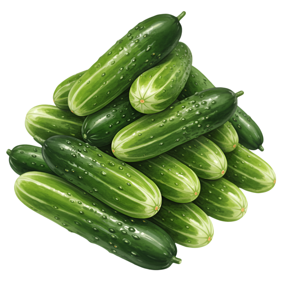 A watercolor heap of fresh cucumbers stacked together in a pile against a plain isolated area for product use on transparent background png