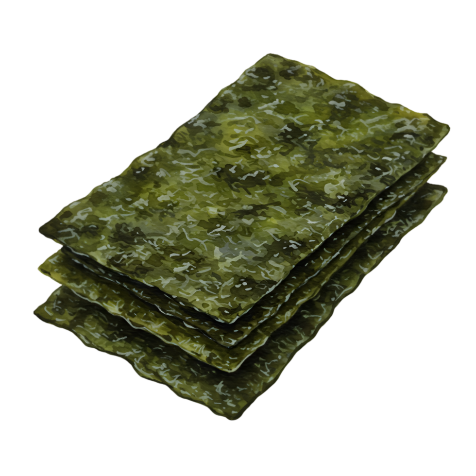 A watercolor stack of four green seaweed sheets isolated on a plain setting ready to be eaten as a snack food on transparent background png