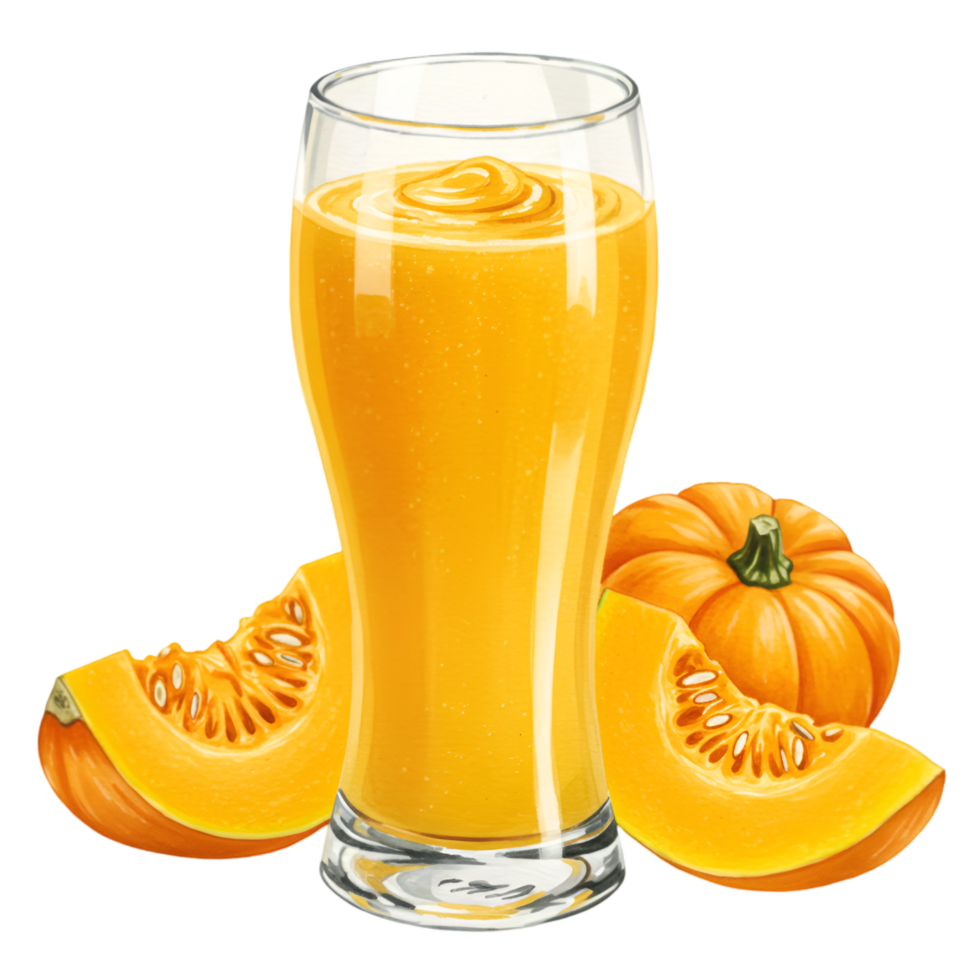 watercolor Tall glass filled with orange liquid with pumpkin slices and a whole pumpkin on a plain setting on transparent background png
