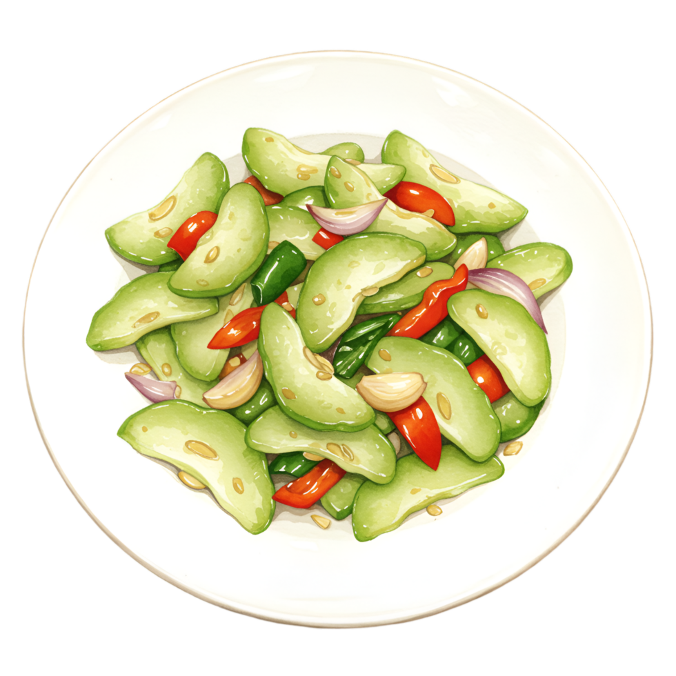A watercolor plate filled with sliced chayote squash, red peppers, garlic, and onions arranged attractively together on transparent background png