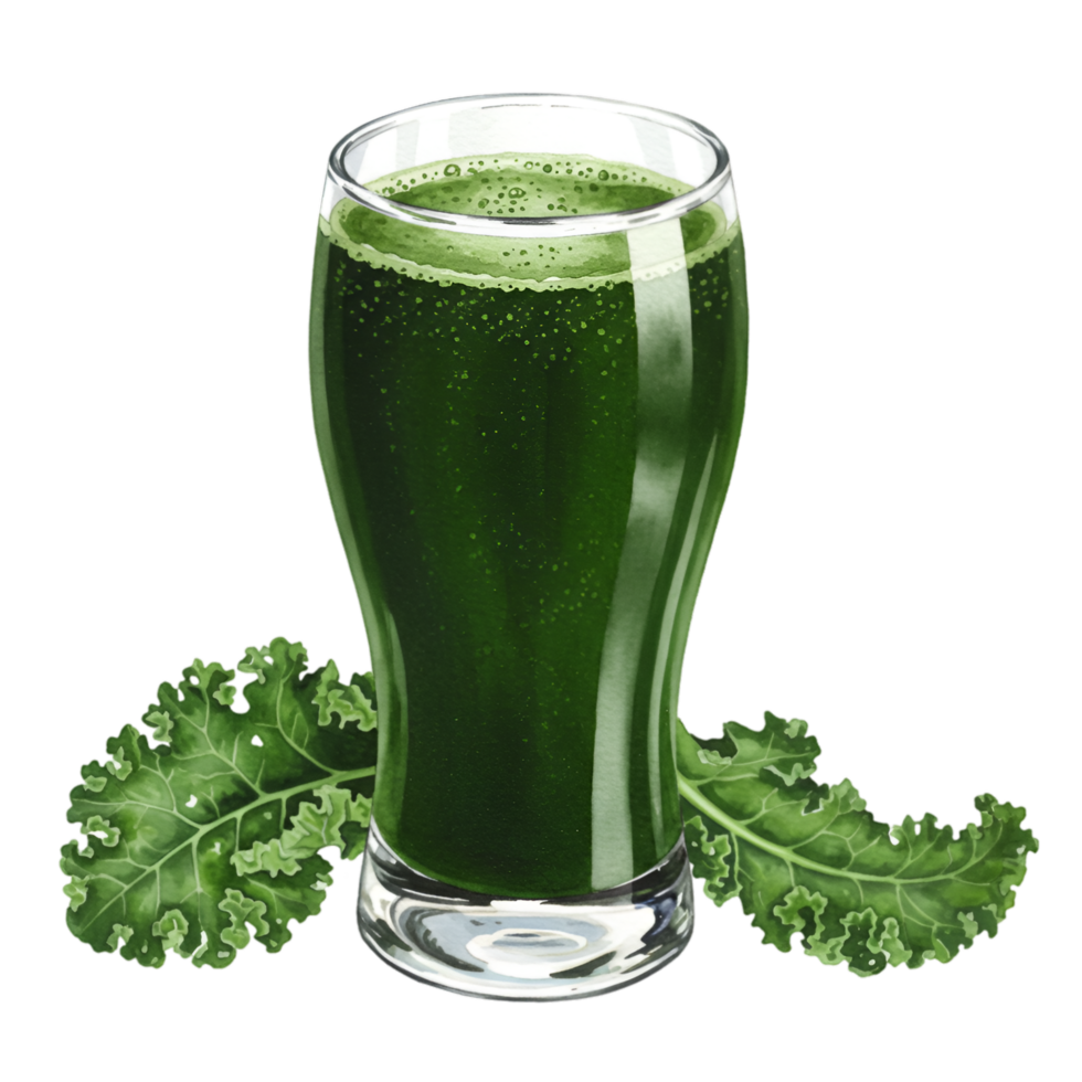 watercolor Tall glass filled with green juice and kale leaves placed near it on a plain surface view from front on transparent background png