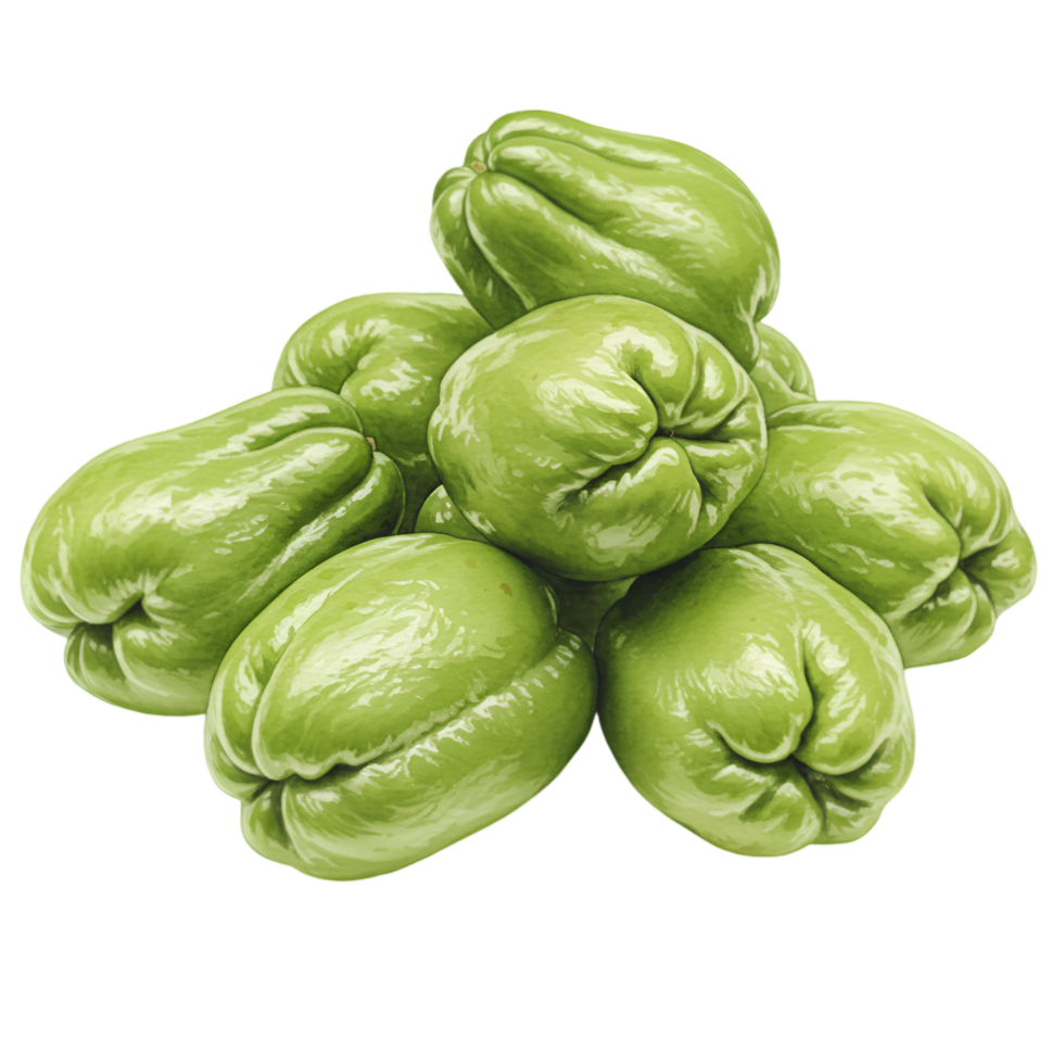 A watercolor heap of several light green chayote squashes stacked together on a plain surface in a close up view on transparent background png