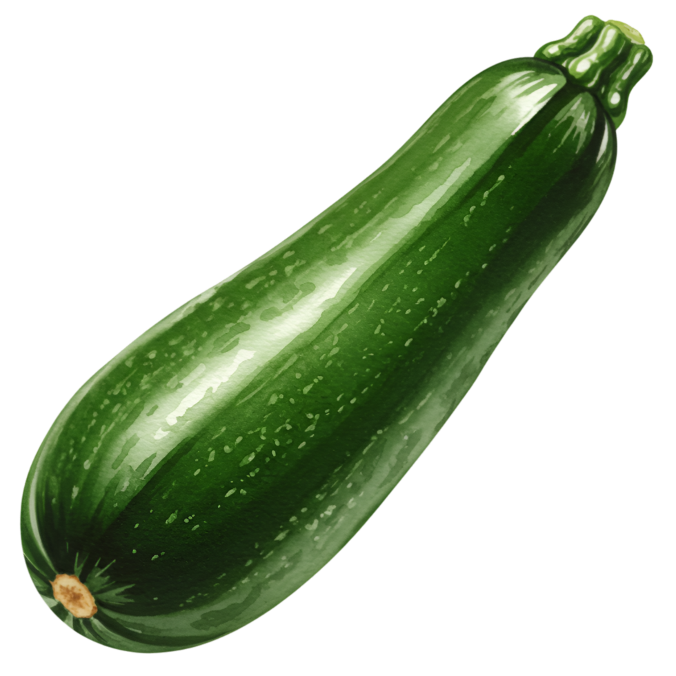 A watercolor single green zucchini squash with a smooth skin and a visible stem on an isolated plain field on transparent background png