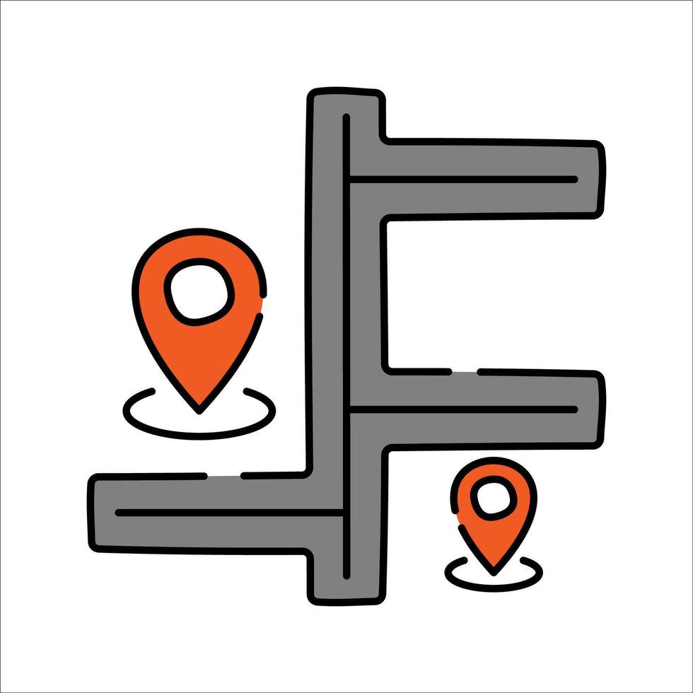 Route Map Handdrawn style, grey and orange abstract street layout with location pins, great for GPS navigation travel apps and direction icons vector