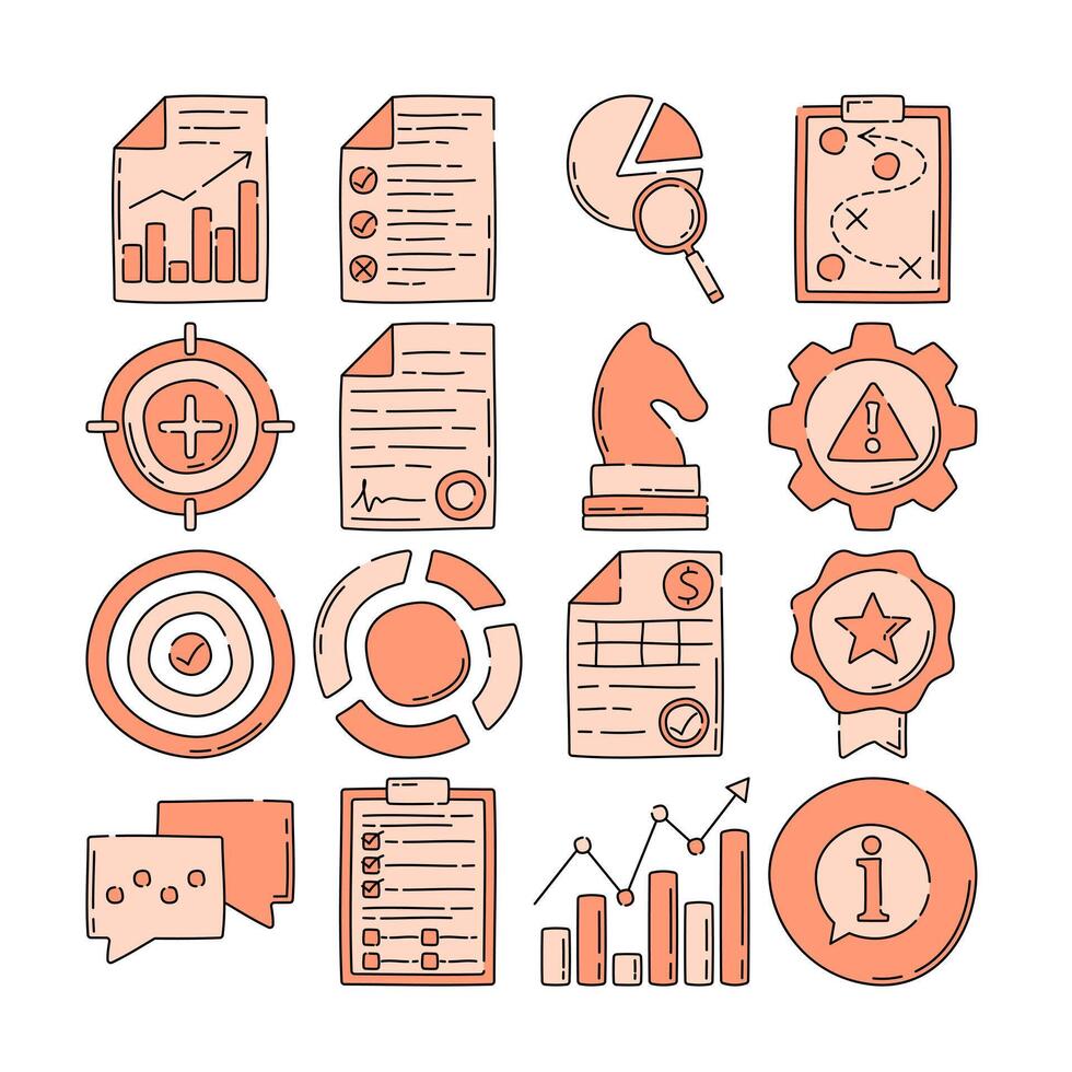 Doodle-style icon pack featuring business and assessment elements like charts, targets, and documents, perfect for infographics, presentations, and planning visuals. vector