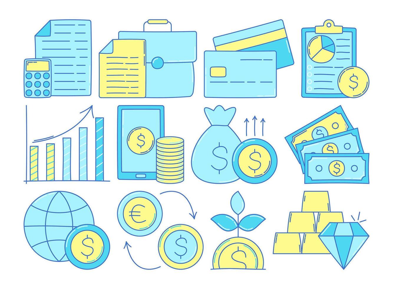 Doodle-style global business icon set with finance, money, credit, and growth elements. Perfect for infographics, reports, and web designs. vector
