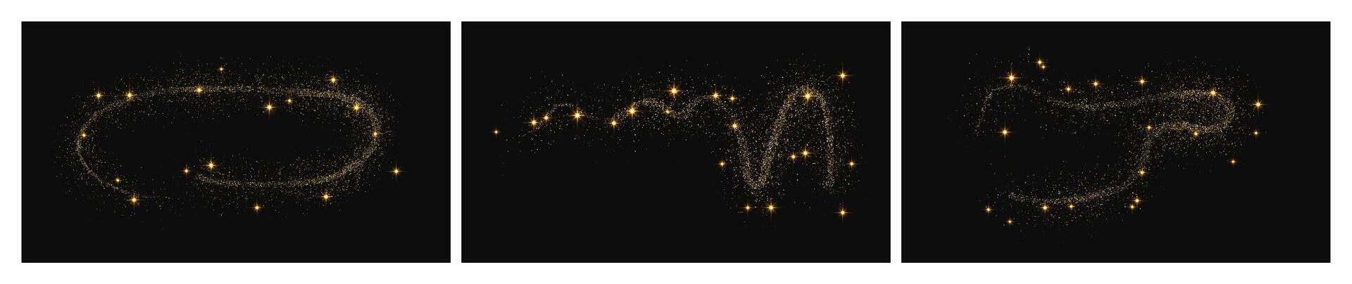 Gold glittering confetti wave and stardust. Set of three backdrops with golden magical sparkles on dark background. vector