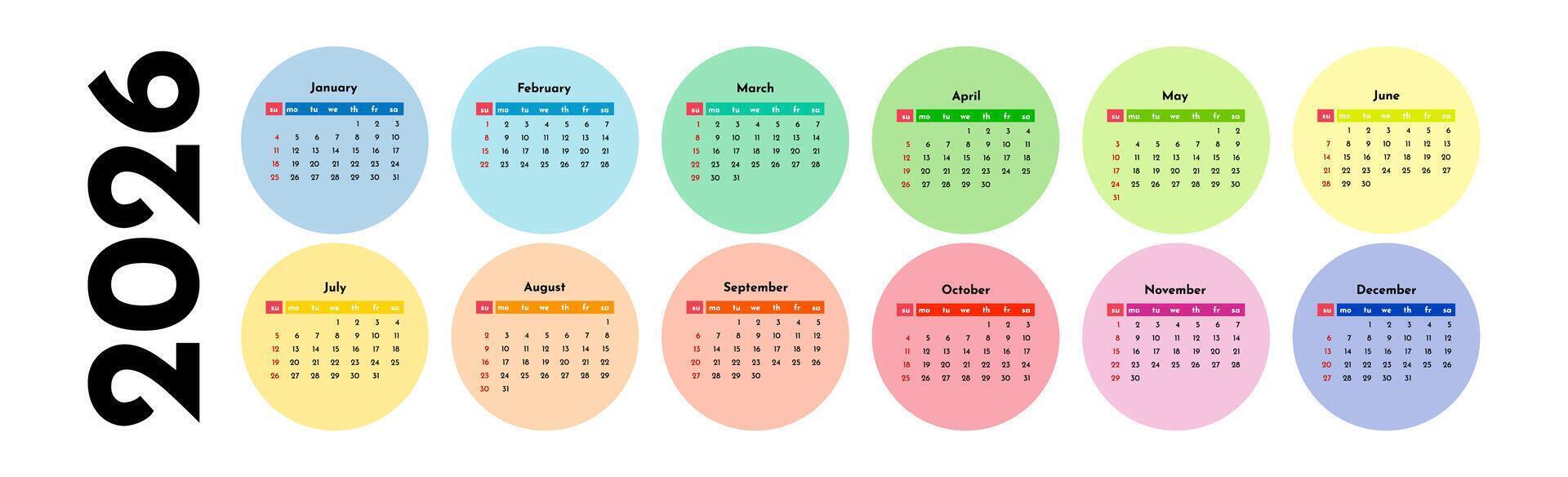 Horizontal calendar for 2026 isolated on a white background. Sunday to Monday, business template. illustration vector