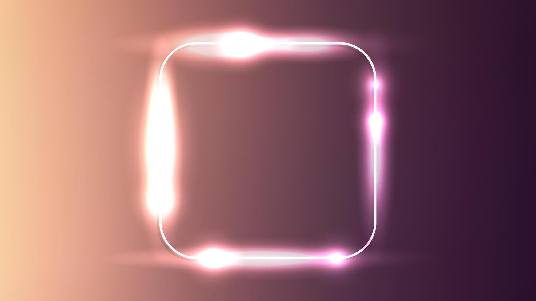 Neon rounded square frame with shining effects on brown background. Empty glowing techno backdrop. illustration vector
