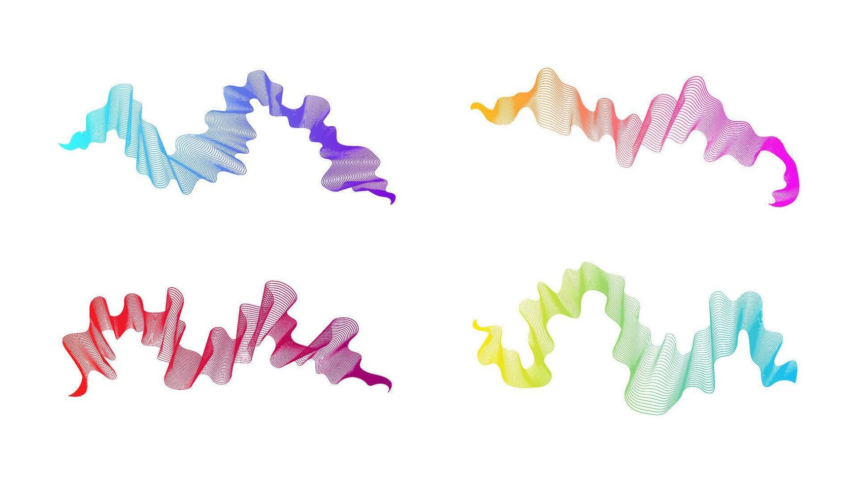 Curved wavy stripes. Set of four abstract colored gradient wave lines on white background vector