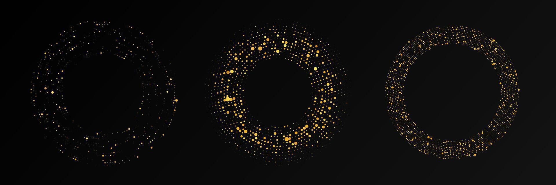 Abstract gold glowing halftone background. Set of three gold glitter patterns in circle form. Circle halftone dots. illustration vector