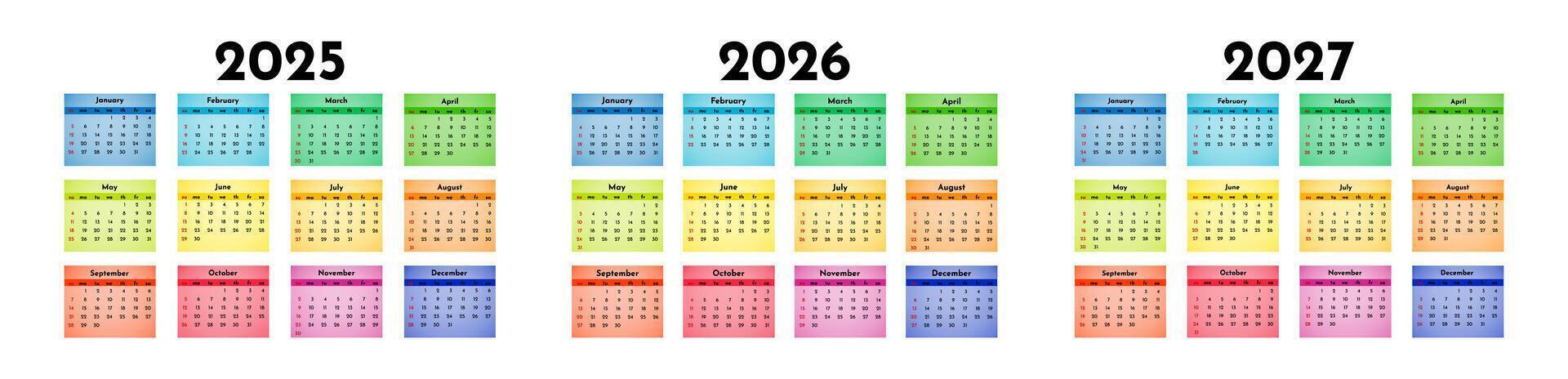 Set of calendars for 2025, 2026 and 2027 isolated on a white background. Sunday to Monday, business template. illustration vector