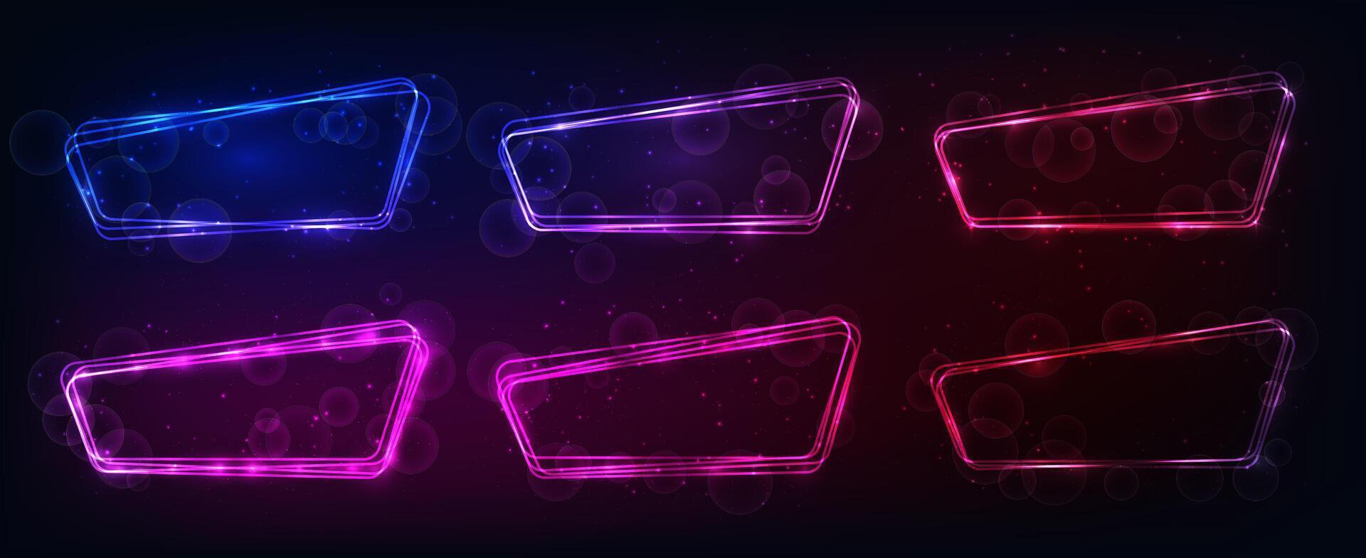Set of neon rounded frames with shining effects and sparkles on dark background. Empty glowing techno backdrop. illustration vector