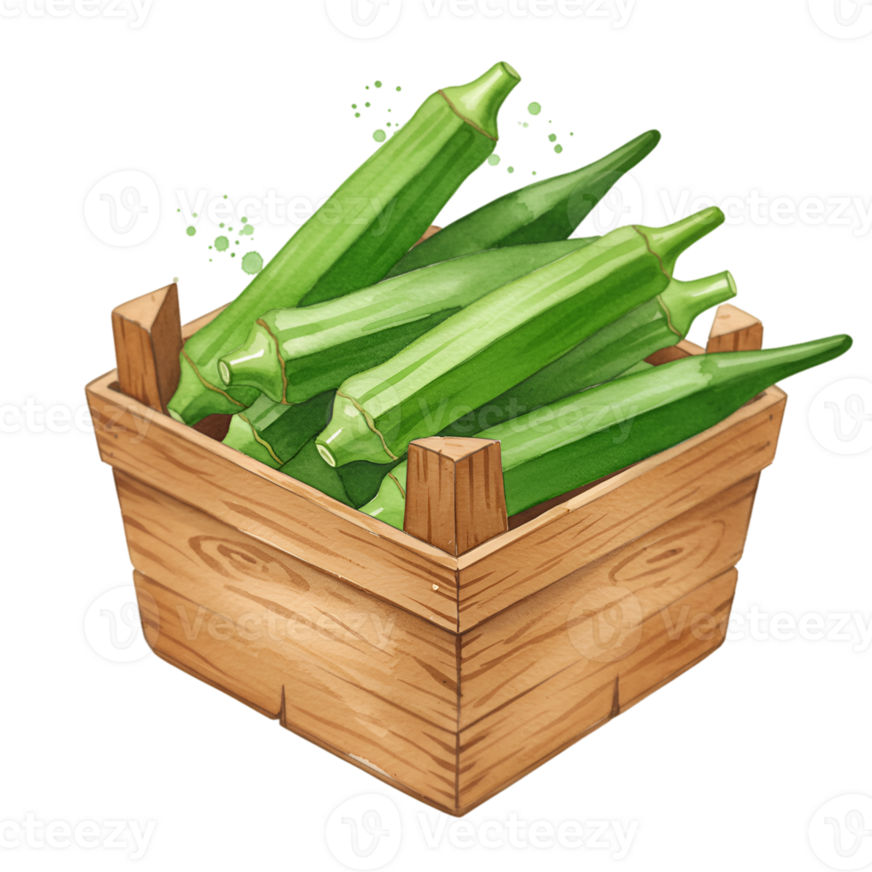 A wooden crate filled with several pieces of fresh okra ready to be cooked in a delicious recipe on transparent background png