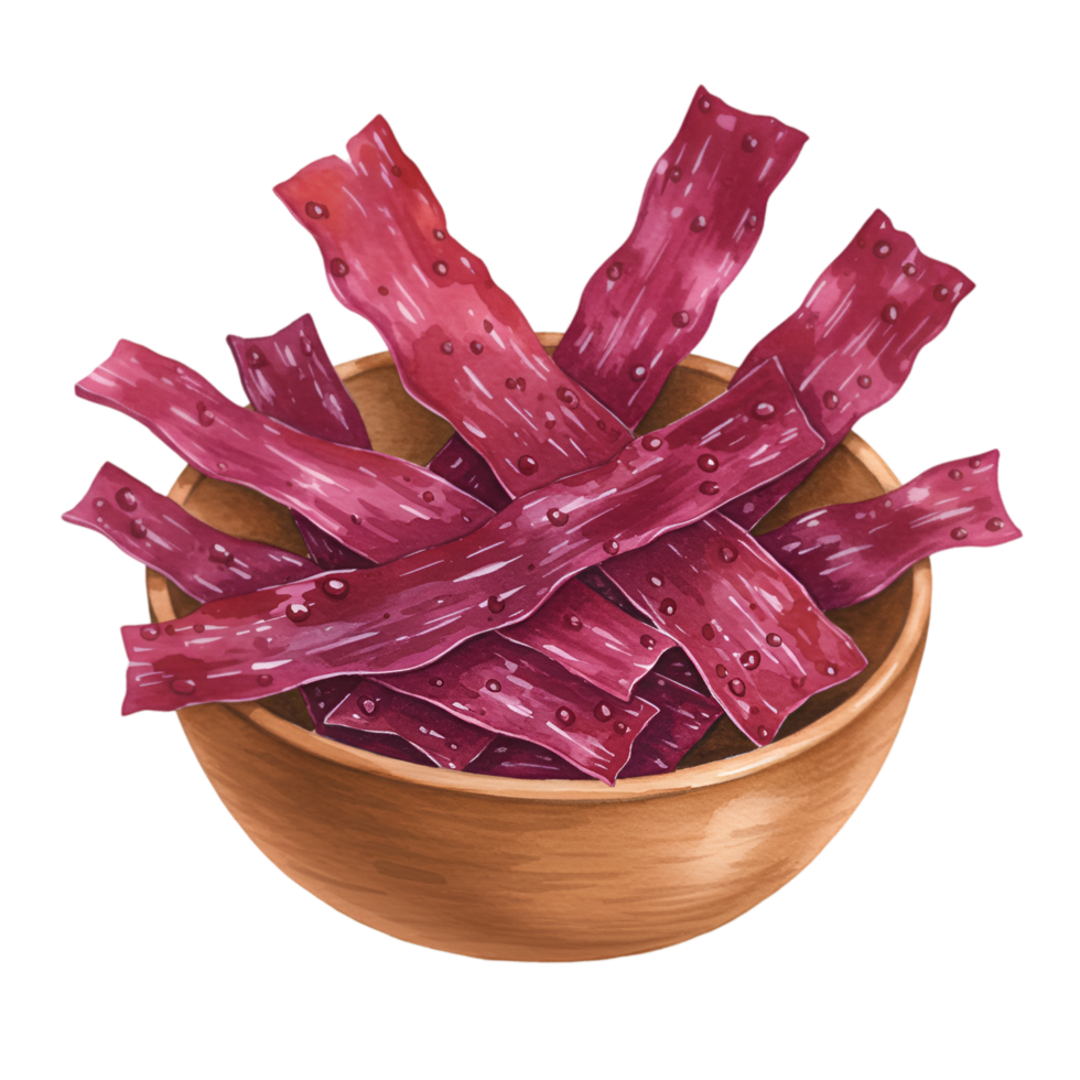 A watercolor wooden bowl filled with strips of a reddish purple food item on an isolated plain canvas style image on transparent background png