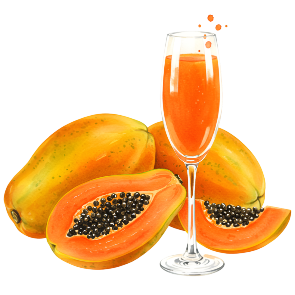 Papayas whole and sliced with seeds beside a glass of juice on a plain color background scene on transparent background png
